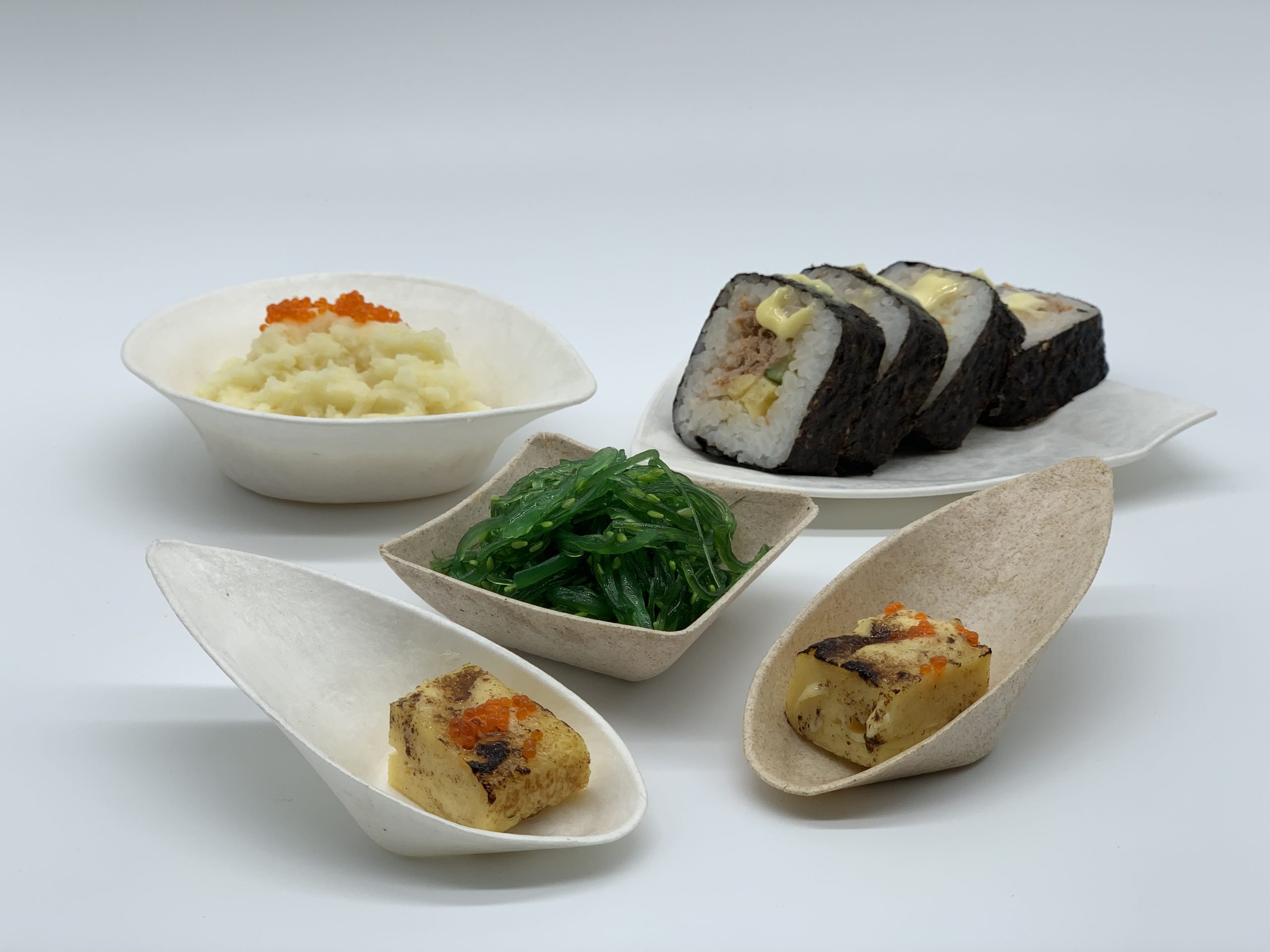 Creative unique shaped biodegradable eco friendly dishes for sushi finger food and sauce dipping