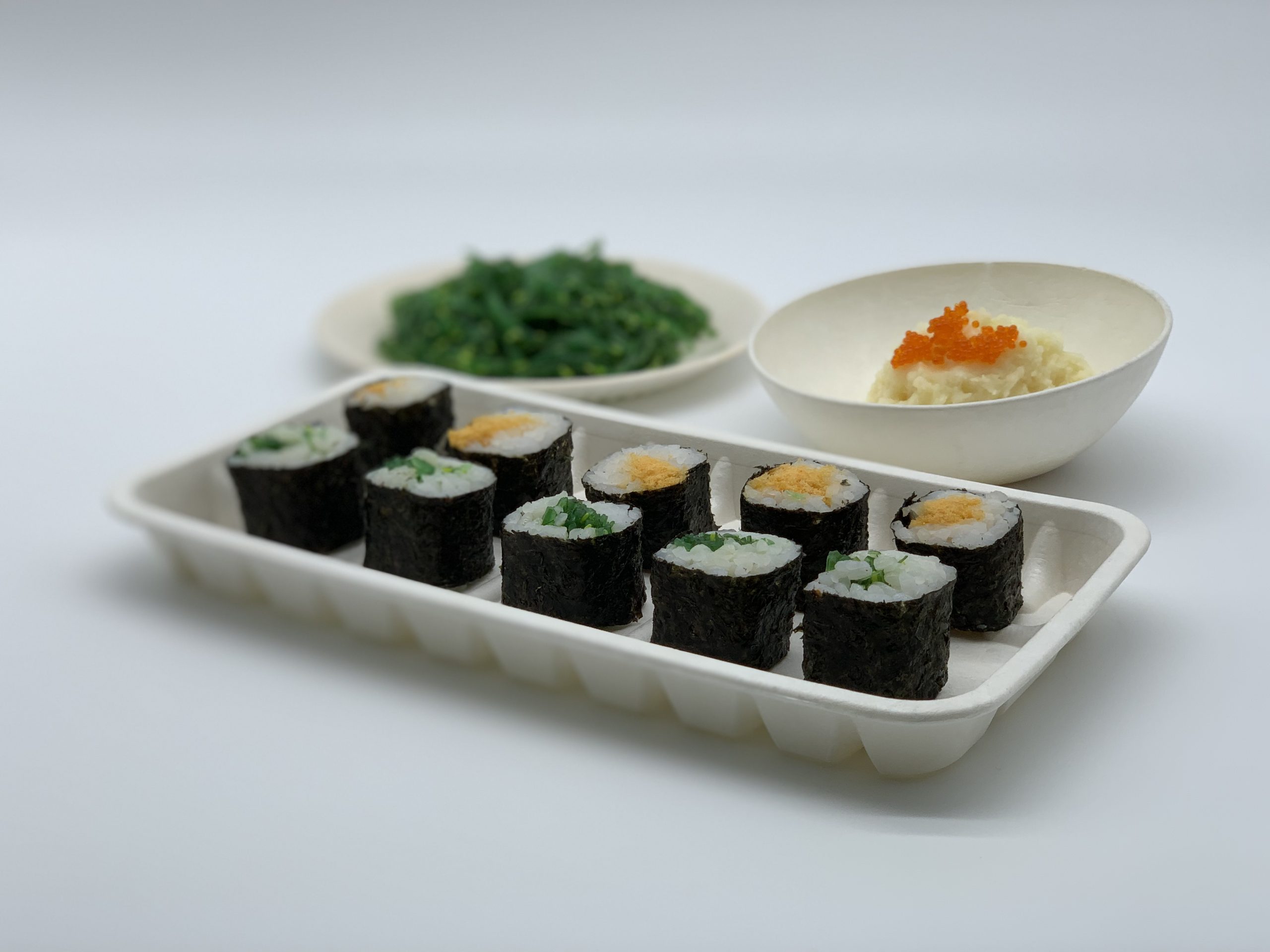 Corn starch biodegradable trays and dishes for sushi sauce dipping and finger food